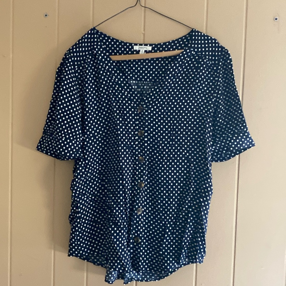 Ladies size medium black button down shirt with pocket dots